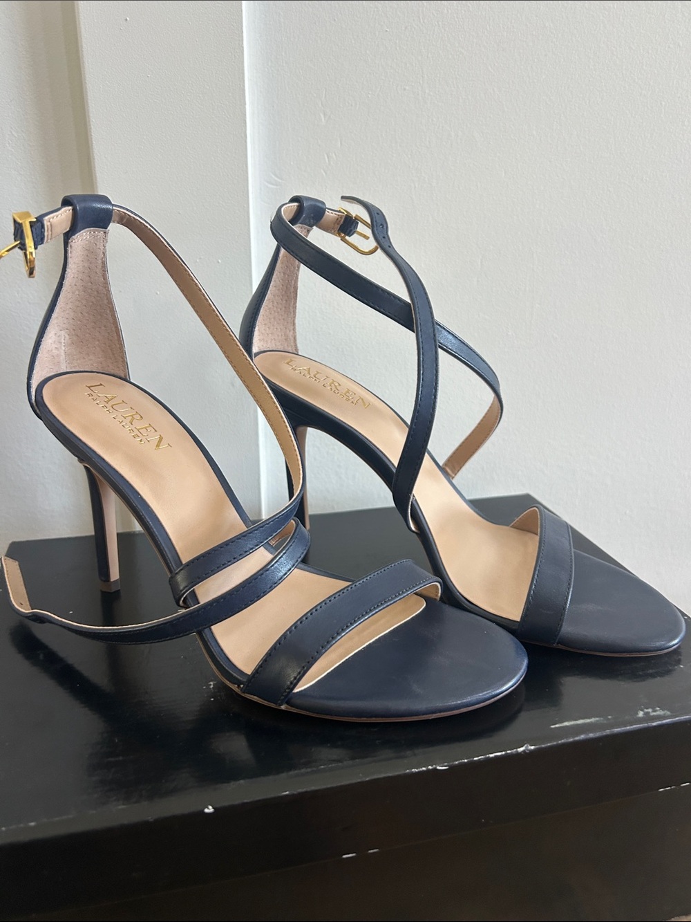 Ralph Lauren Navy Burnished Calf Heeled Sandals